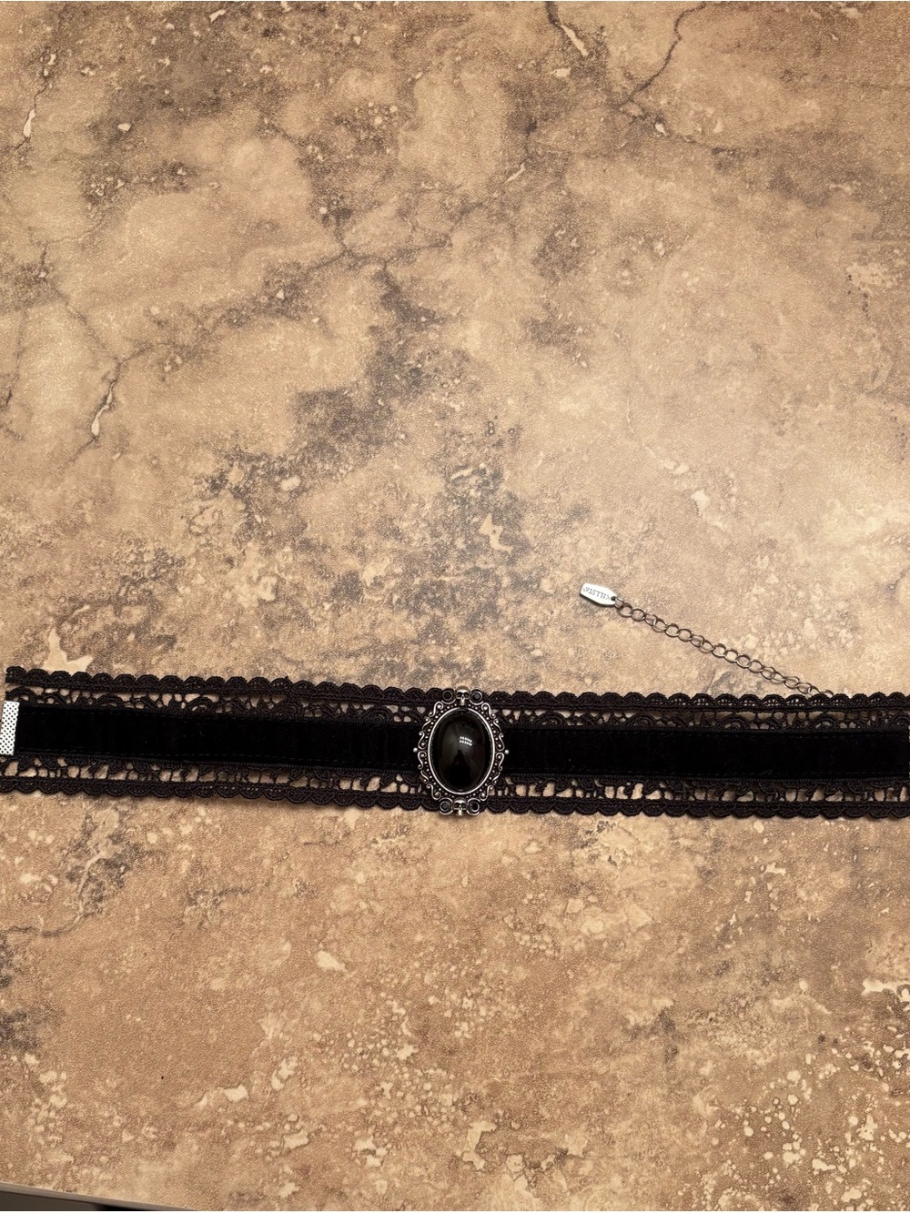 Killstar Black Lace Velvet Choker with Black Oval Gem